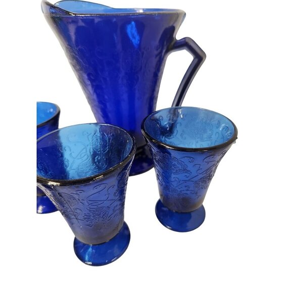 Vintage Cobalt Blue Glass Pitcher Set Florentine 2 Upper Deck 5 Piece Taiwan Emb - Picture 14 of 16